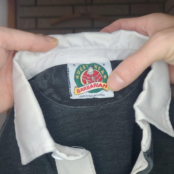 Vintage 'Barbarian' faded black/blue/grey striped long-sleeve rugby shirt S - Picture 3 of 3